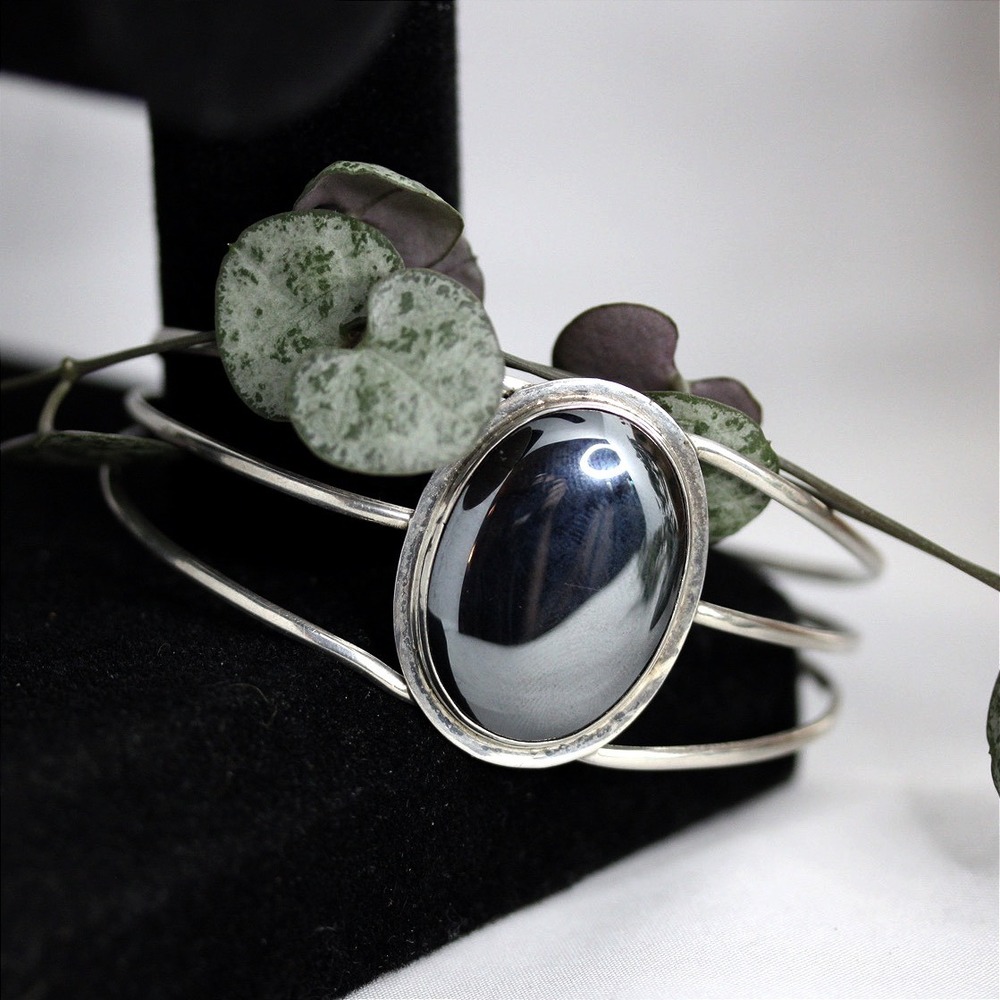 Vintage Sterling Silver 925 Hematite Oval Cabochon Triple Band Cuff Bracelet